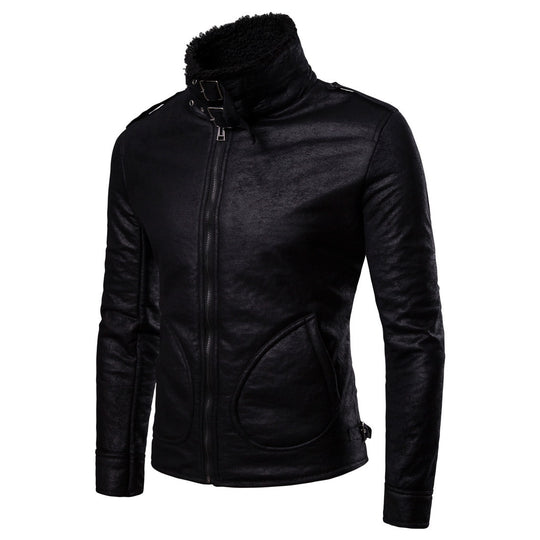 Herren Bikerjacke aus hochwertigem Kunstleder mit weichem Fleecekragen EB