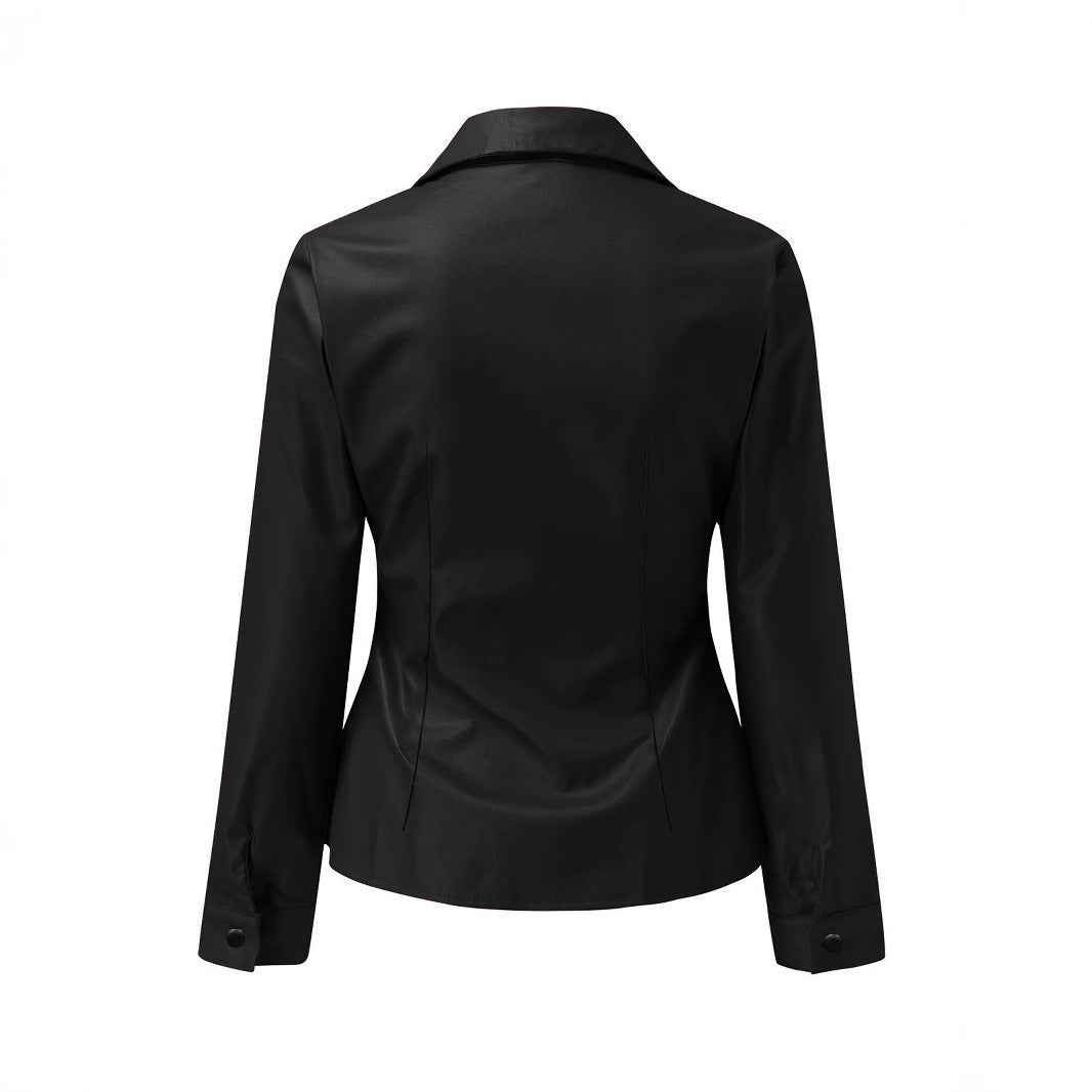 Damen Elegantes Kunstleder-Oberteil mit tiefem V-Ausschnitt und tailliertem Schnitt EB
