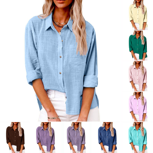 Damen nan oversized Leinen-Baumwollmix Hemdbluse mit Brusttasche und krempelbaren Ärmeln EB