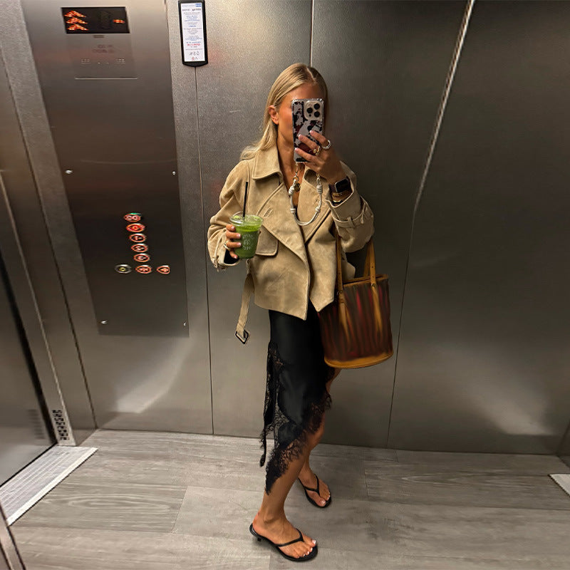 Damen Modische Wildlederjacke im lässigen Schnitt mit Gürtel EB