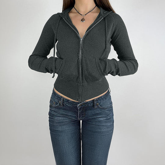 Damen nan schmal geschnittene Feinstrick-Hoodiejacke mit Metallzipper, Kängurutaschen und Daumenlochbündchen EB