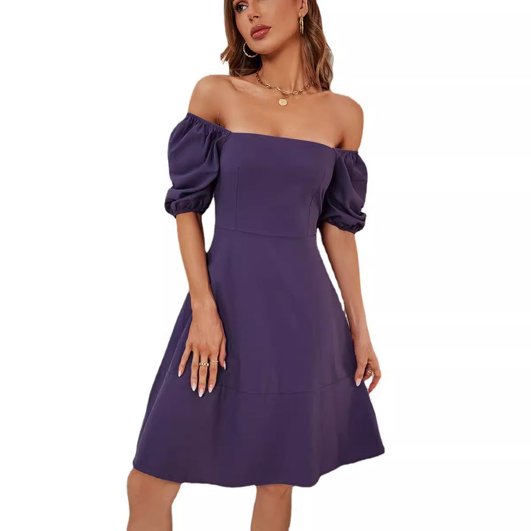Damen Elegantes Off-Shoulder Kleid mit voluminösen Puffärmeln und asymmetrischem Schnitt EB