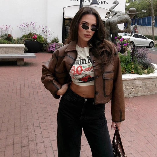 Damen cropped Kunstlederjacke mit modernem Schnitt und hochwertigen Details EB