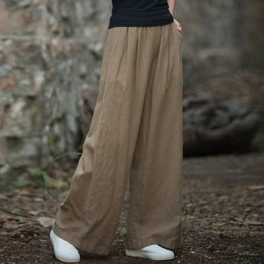 Damen weit geschnittene Leinenhose mit elastischem Bund und praktischen Taschen EB