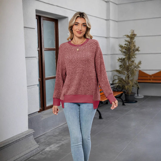 Damen lässiger Pullover mit kontrastierenden Ärmelabschlüssen und einzigartiger Textur EB