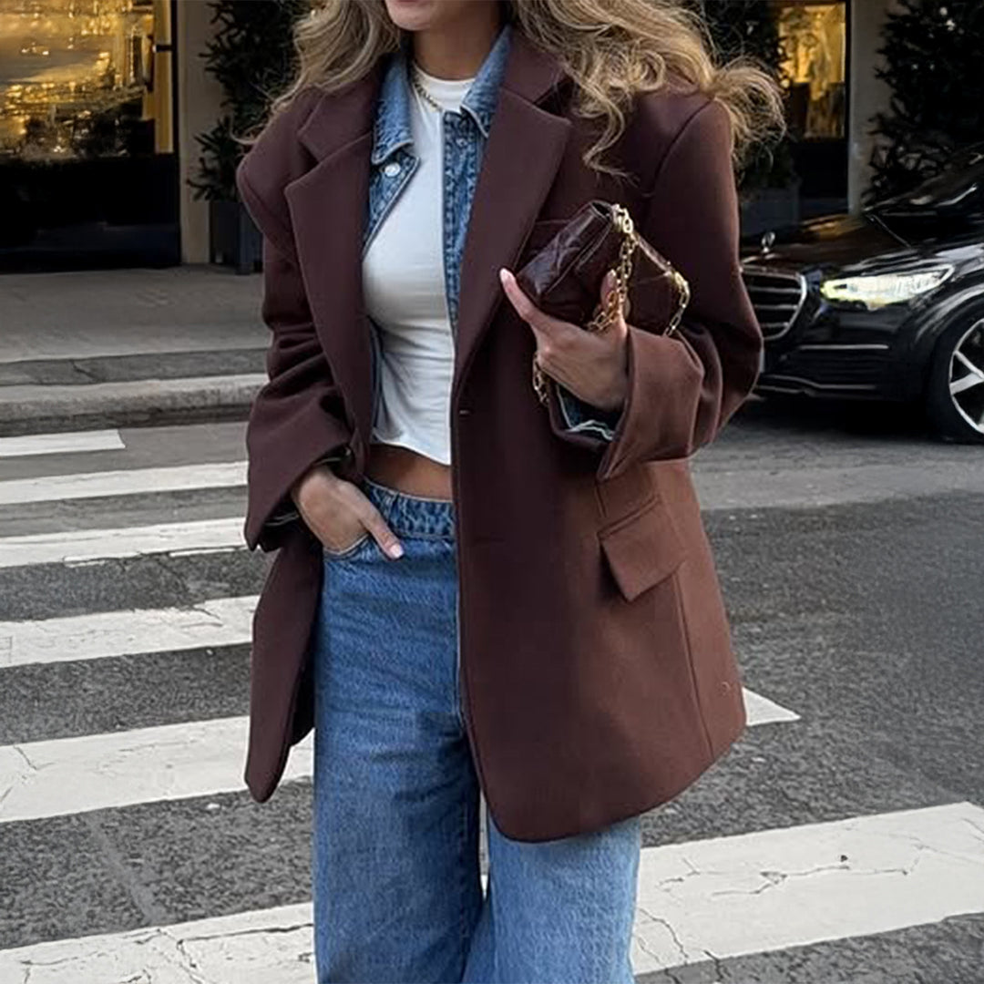 Damen nan oversized Longblazer mit kastigem Schnitt, Reverskragen, gefütterten Pattentaschen und strukturierter Wollmischung EB
