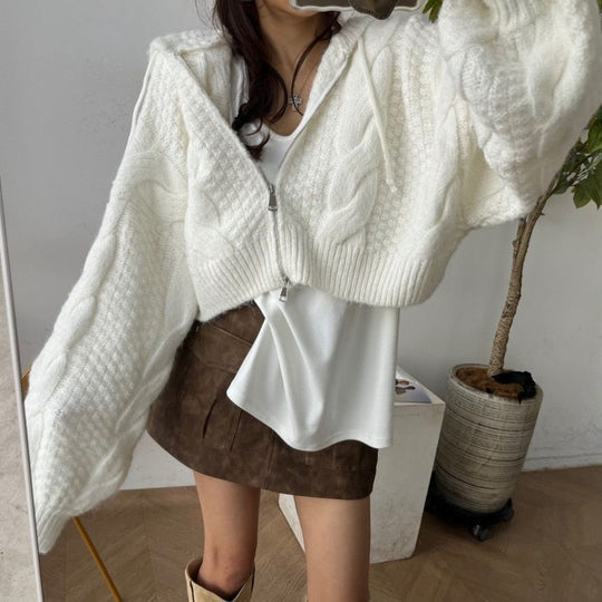 Damen Kurzer Strickpullover mit Zopfmuster und Kapuze EB