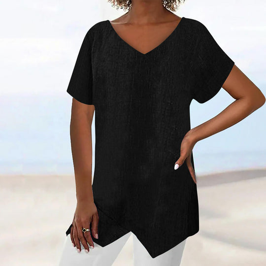 Damen lässige V-Ausschnitt Tunika mit asymmetrischem Saum EB