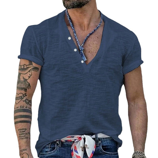 Herren nan Kurzarmshirt im Henleystil aus Slub-Baumwolljersey mit kurzer Knopfleiste EB