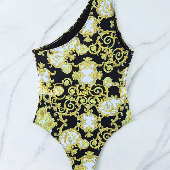 Damen Einteiler Badeanzug mit asymmetrischem Schnitt und elegantem Gürtel EB