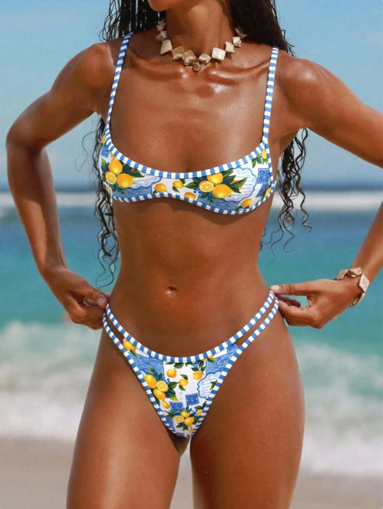 Damen Triangel-Bikini mit floralem Design und Bindedetails EB