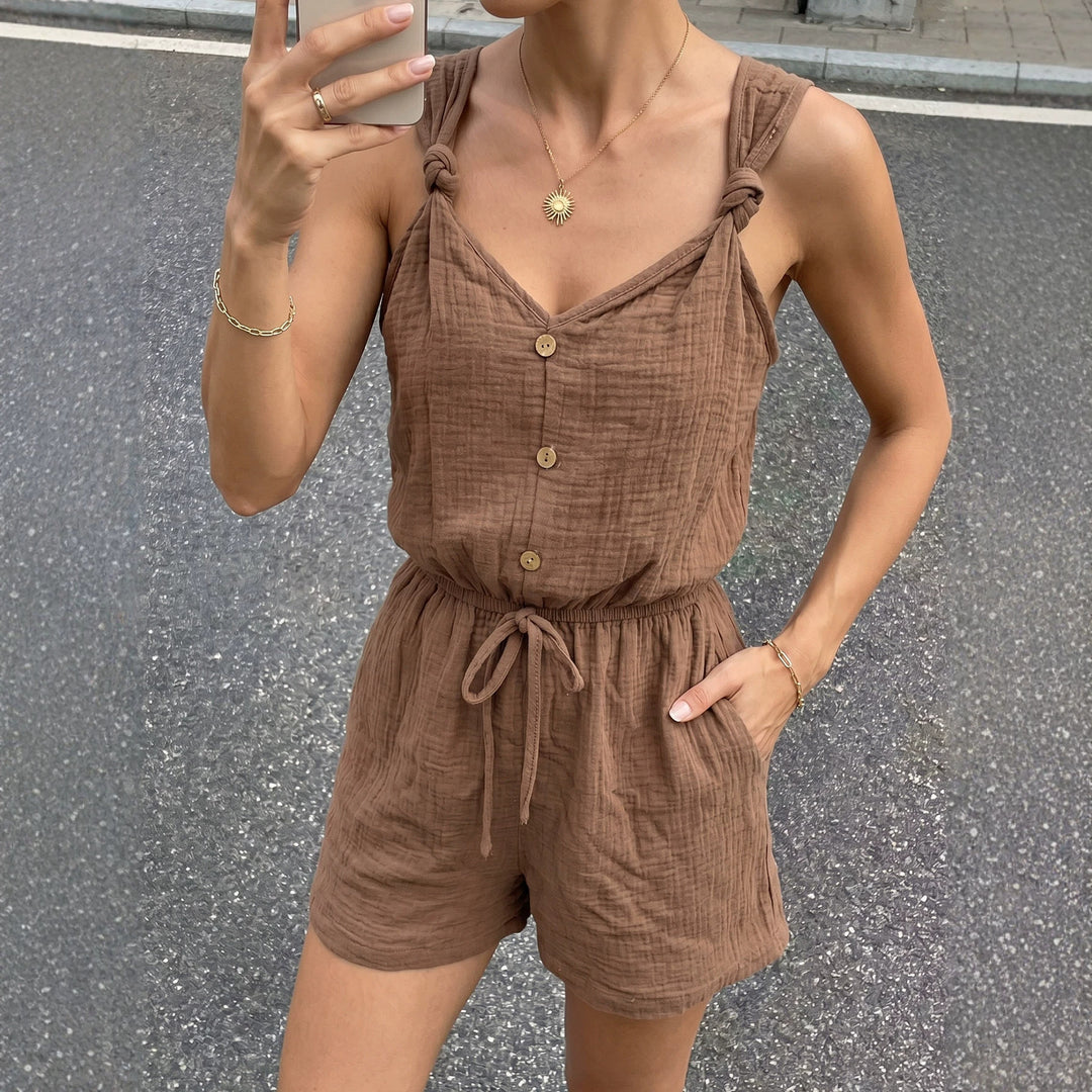 Damen lässiger Jumpsuit mit knöpfbarem V-Ausschnitt und elastischem Bund EB