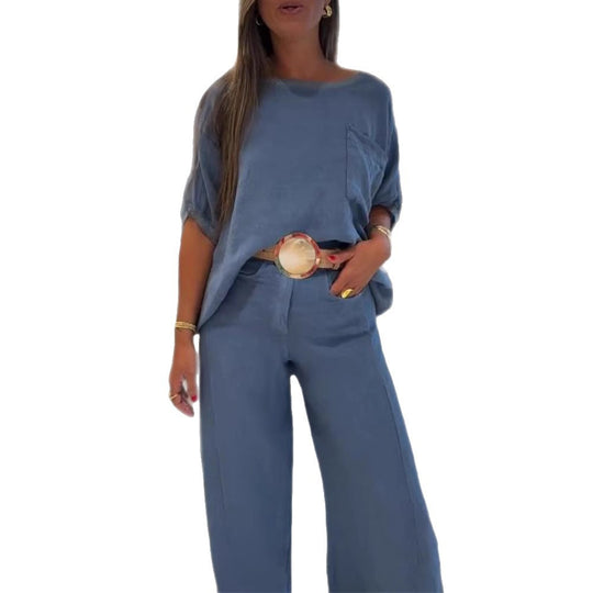 Damen nan Leinenmix-Zweiteiler mit kastigem Oversize-Shirt, Brusttasche und weiter Palazzohose EB