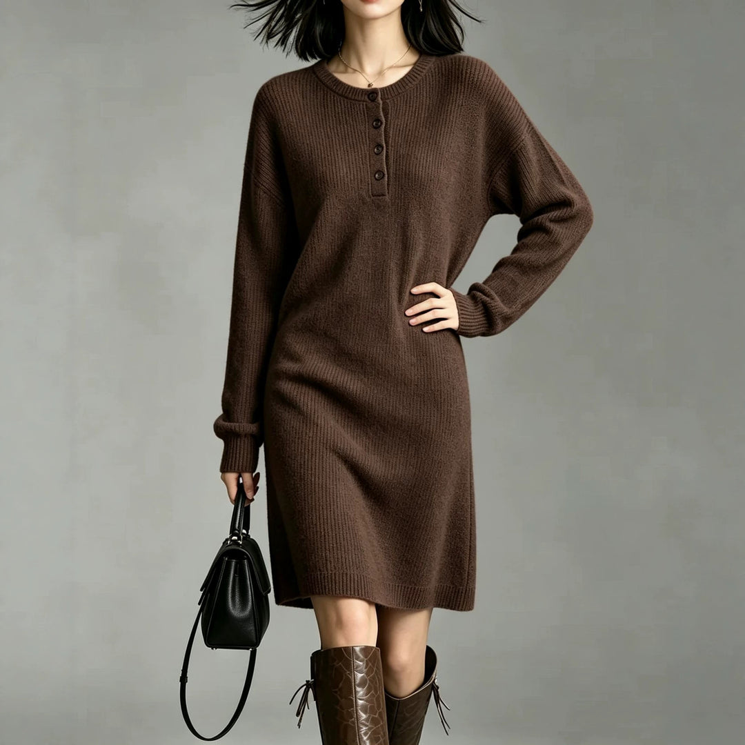 Damen Midilanges Strickkleid mit Henley-Leiste und gerippten Bündchen EB