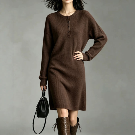 Damen Midilanges Strickkleid mit Henley-Leiste und gerippten Bündchen EB