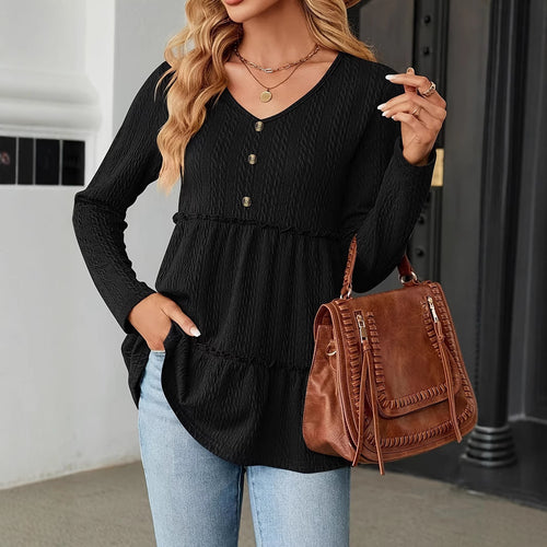Damen Langarm Tunika mit Knopfdetail und Volant EB
