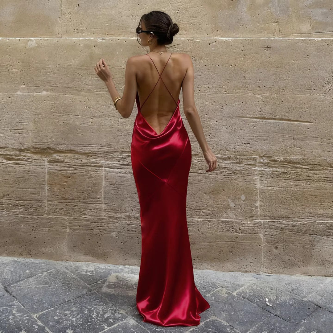 Damen Maxikleid mit tiefem V-Ausschnitt und gekreuzten Spaghettiträgern EB