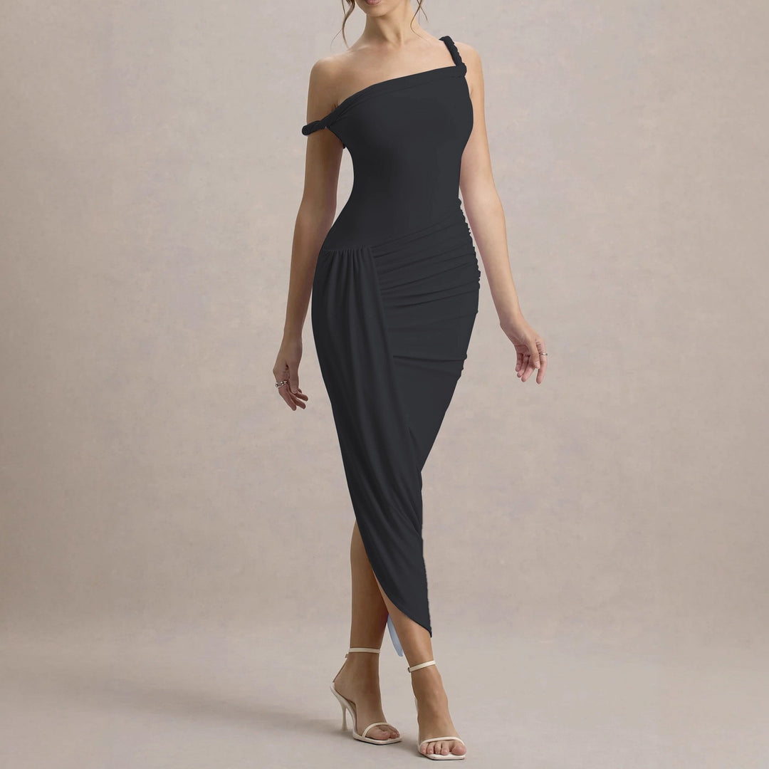 Damen elegantes asymmetrisches Maxikleid mit Raffungen EB