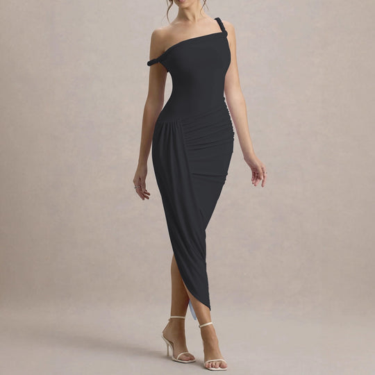 Damen elegantes asymmetrisches Maxikleid mit Raffungen EB
