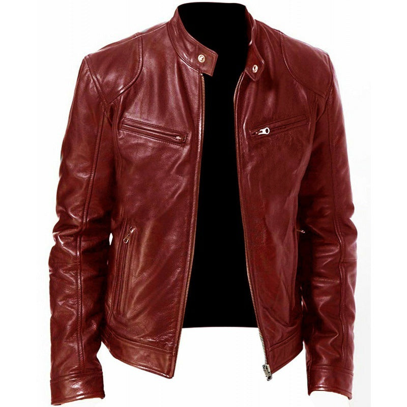 Herren nan schlanke Echtleder-Bikerjacke mit Stehkragen, zwei Brust-Reißverschlusstaschen und geradliniger Silhouette EB
