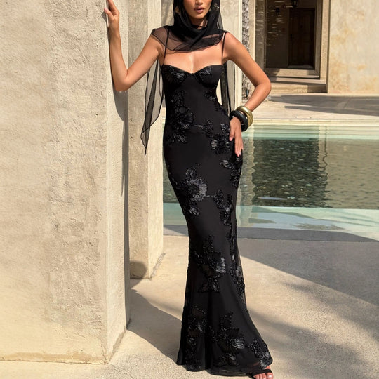 Damen figurbetontes Abendkleid mit floralem Stickdesign und hochwertigem Stoff EB