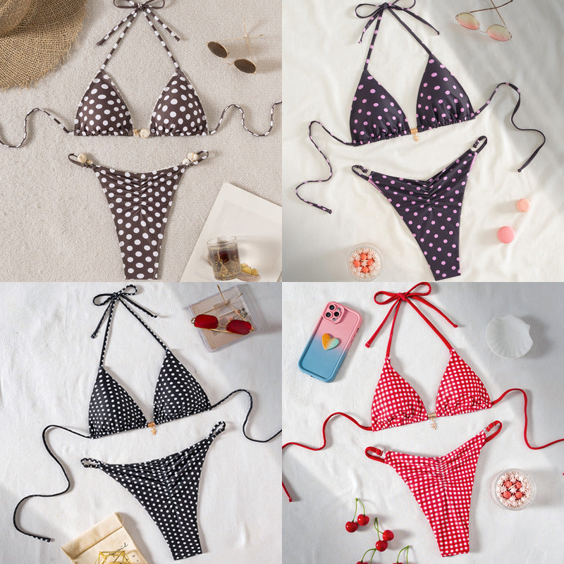Damen Triangel-Bikini mit modischem Punktedesign und goldener Verschlussdetails EB