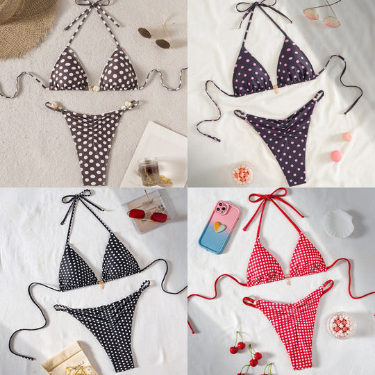 Damen Triangel-Bikini mit modischem Punktedesign und goldener Verschlussdetails EB