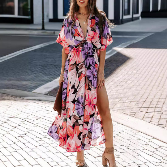 Damen Maxikleid mit floralem Wickeldesign und tiefem V-Ausschnitt EB