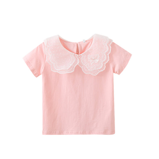 Mädchen T-Shirt mit elegantem Spitzeneinsatz und großem Kragen EB