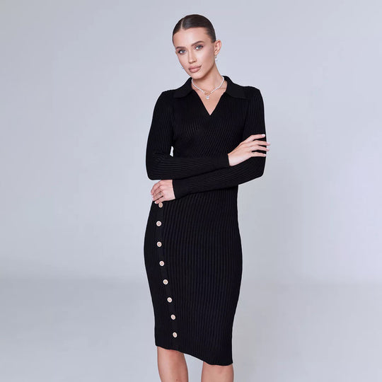 Damen Strickkleid mit elegantem Kragen und Knopfdetail EB