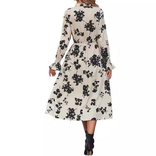 Damen Maxikleid mit floralem Print und angenähtem Bindeband EB