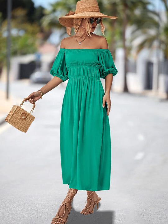 Damen Off-Shoulder Maxikleid mit voluminösen Puffärmeln und elastischem Taillenband EB
