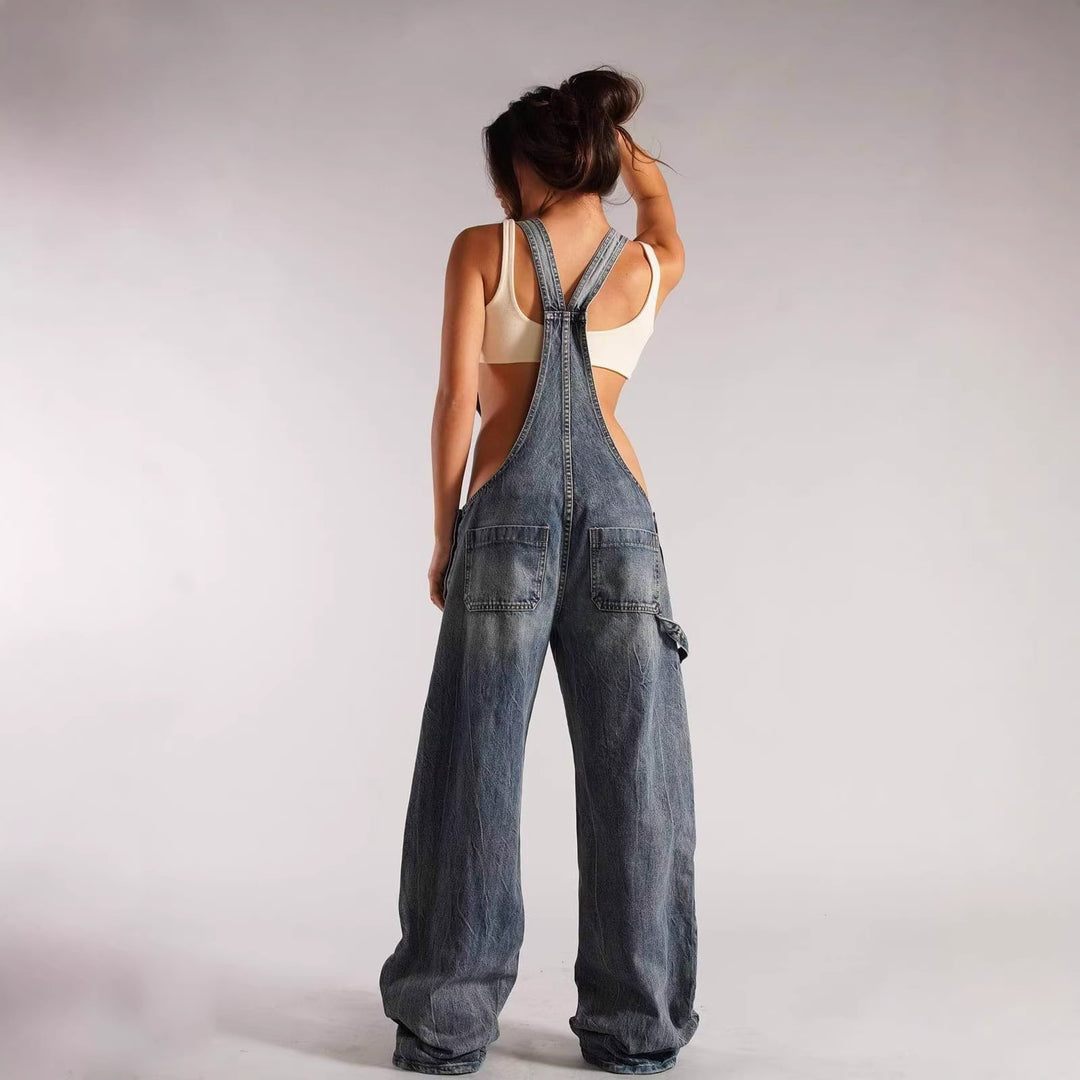 Damen lässige Denim-Latzhose mit oversized Schnitt und praktischen Taschen EB