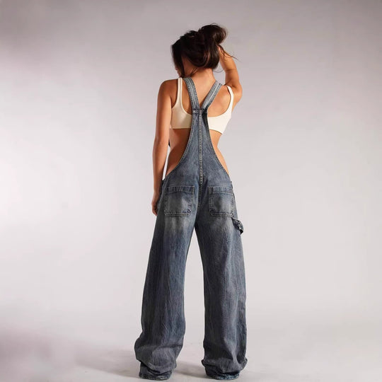 Damen lässige Denim-Latzhose mit oversized Schnitt und praktischen Taschen EB