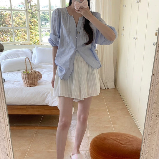 Damen Relaxed Fit Puffärmel Button-Up Bluse EB