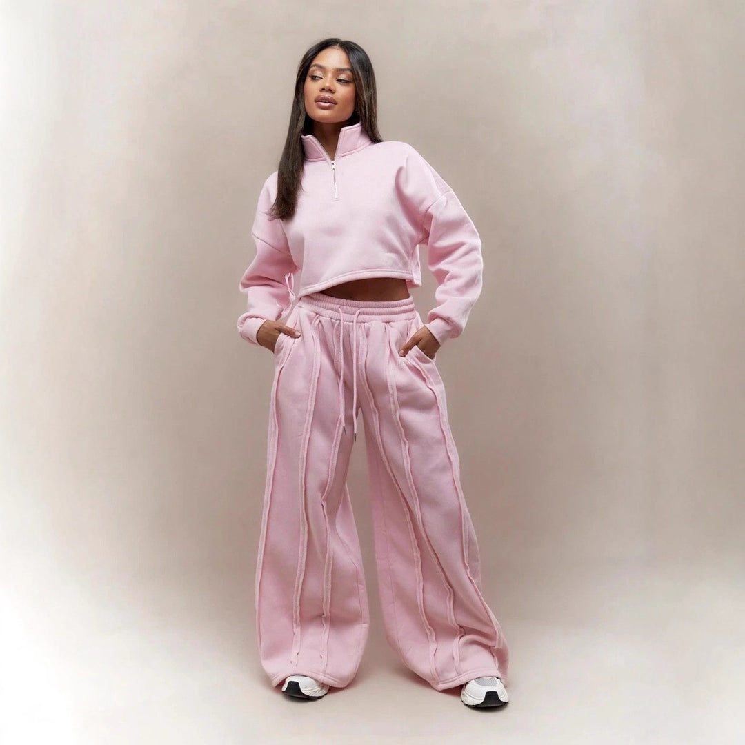 Damen Crop-Halbzip-Sweatshirt und High-Waist Wide-Leg Loungehose Set mit sichtbaren Naht-Details Eichborn Berlin