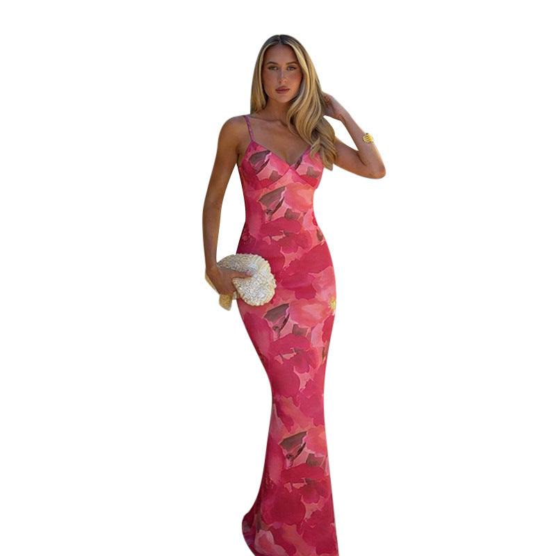 Damen Maxikleid mit floralem Muster und verstellbaren Spaghetti-Trägern EB