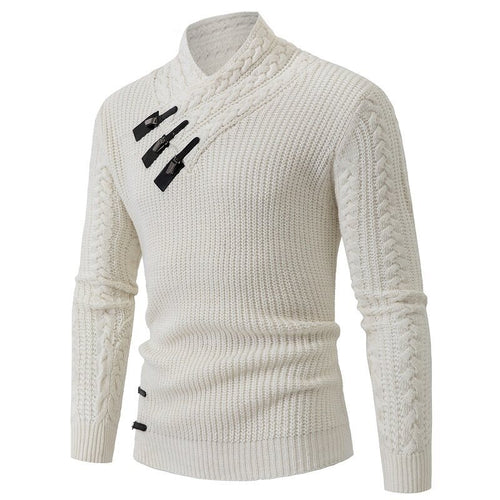 Herren nan Strickpullover mit Schalkragen, Zopfmuster und markanten Schnallenverschlüssen EB