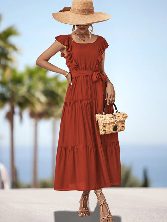 Damen Maxikleid mit Rüschendetails und tailliertem Gürtel EB
