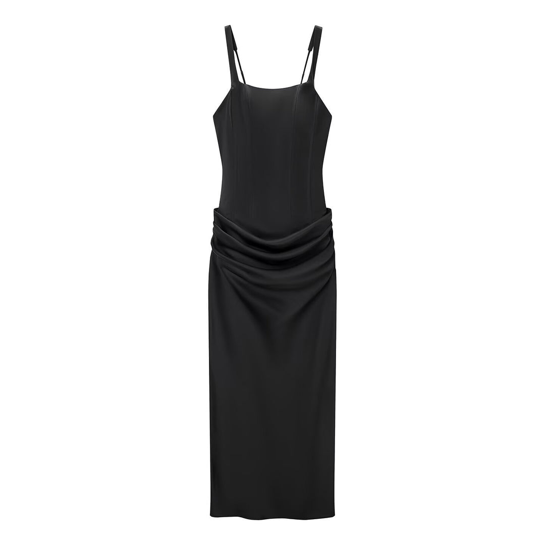 Damen elegantes Midikleid mit raffinierten Drapierungen und verstellbaren Spaghettiträgern EB