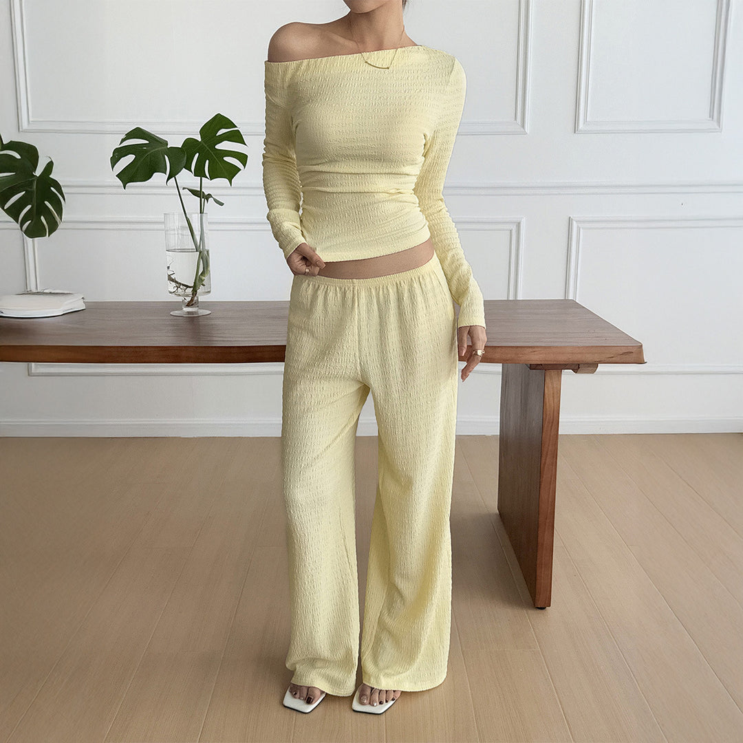 Damen nan legeres Crinkle-Lounge-Set mit Off-Shoulder Crop-Top und weiten High-Waist Palazzohose EB
