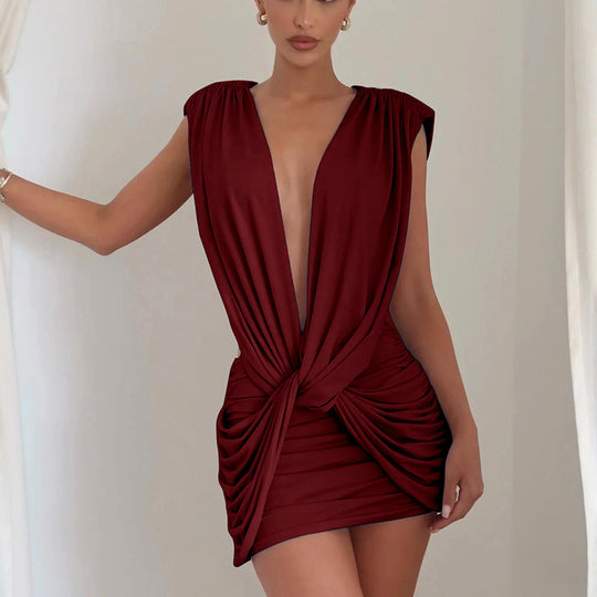 Damen Minikleid mit tiefem V-Ausschnitt und raffinierten Drapierungen EB
