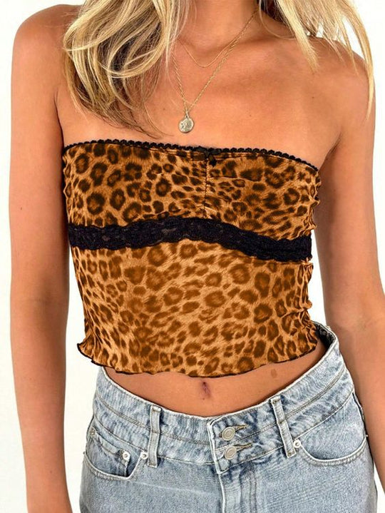 Damen Bandeau-Top mit trendigem Leopardenmuster und zarter Spitzenkante EB