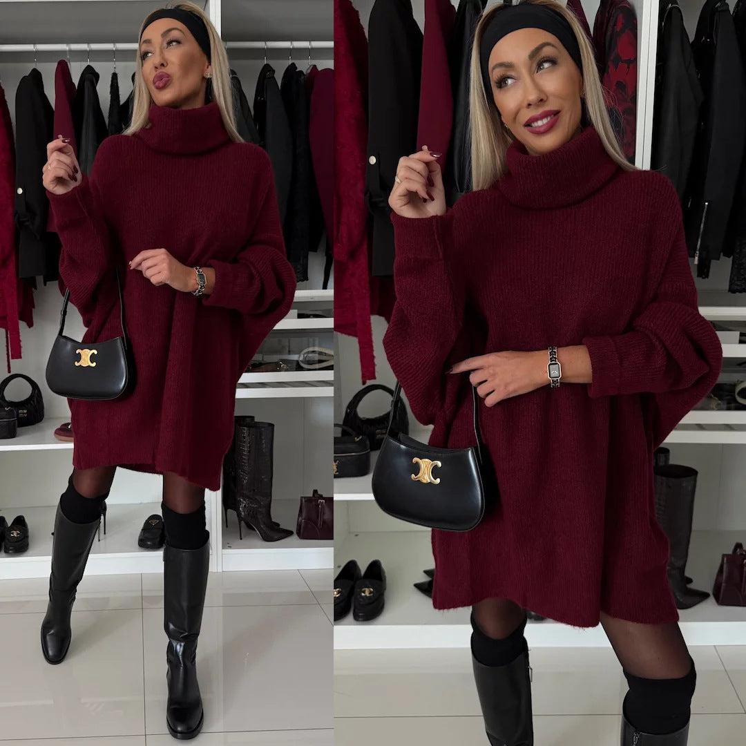 Damen kuscheliges Grobstrick-Minikleid mit extra hohem Rollkragen und oversized Passform EB