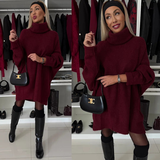 Damen kuscheliges Grobstrick-Minikleid mit extra hohem Rollkragen und oversized Passform EB