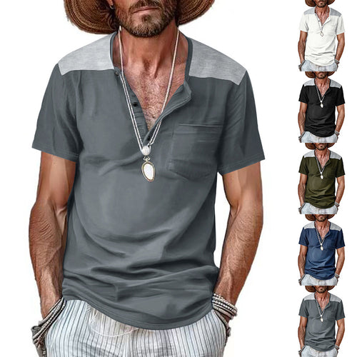 Herren nan Kurzarm-Henleyshirt aus weicher Baumwollmischung mit Brusttasche und Schulterblende EB