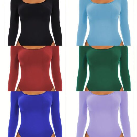 Damen Langarm Bodysuit mit Tiefem Rundhalsausschnitt und Figurbetontem Schnitt EB