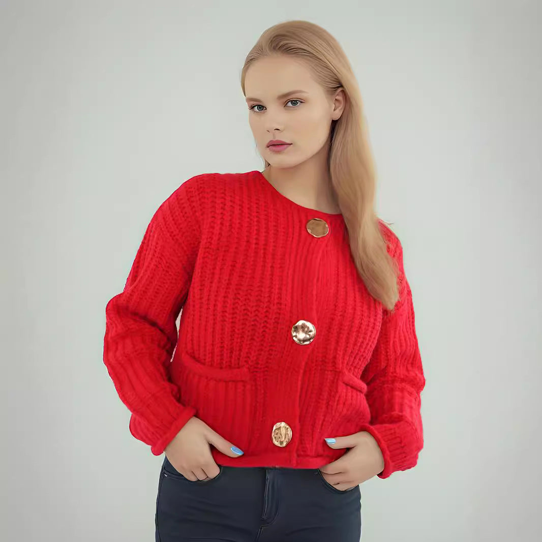 Damen Strickjacke mit kreativen Knopfdetails und seitlichen Taschen EB