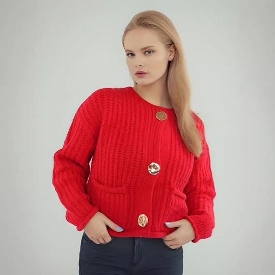 Damen Strickjacke mit kreativen Knopfdetails und seitlichen Taschen EB