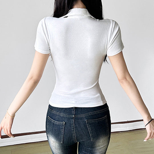 Damen lässiges Polohemd mit dekorativem Kragen und Taschen EB